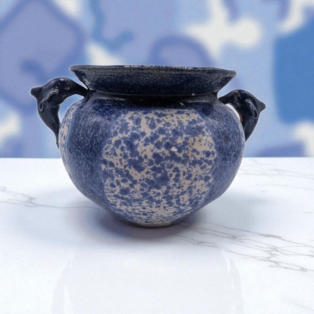 Studio Pottery Blue Speckled Ceramic Pot With Dolphin Handles Signed Base 5" X 6